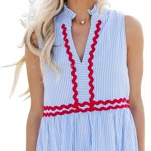 Kuraki Women's Cute Sleeveless Rickrack Tiered Striped Dress